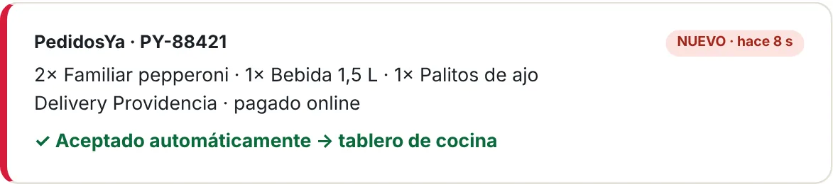 Pedido de PedidosYa entrando al tablero