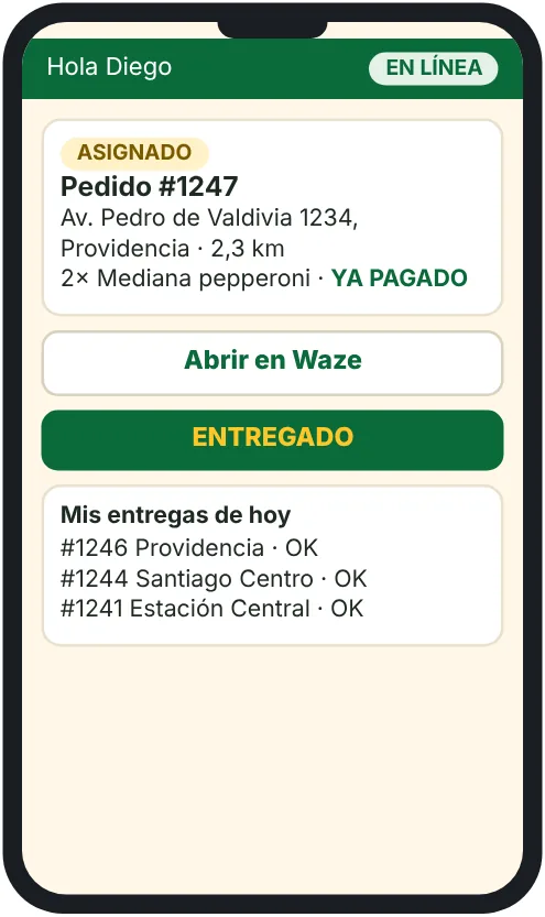 App del repartidor con el pedido asignado