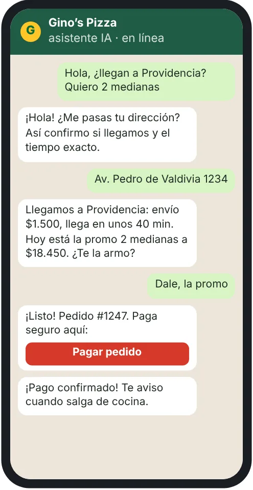 Conversación de WhatsApp atendida por la IA de Gino’s